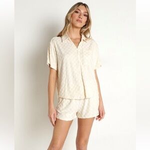 Boutique - Cream Terrycloth Checkered Button Down